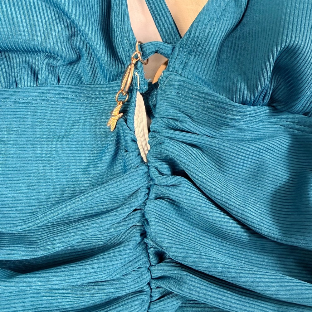 Cupshe One Piece Swimsuit S Teal Blue Ribbed Ruched Starfish Charm Cutout Back - Picture 7 of 15